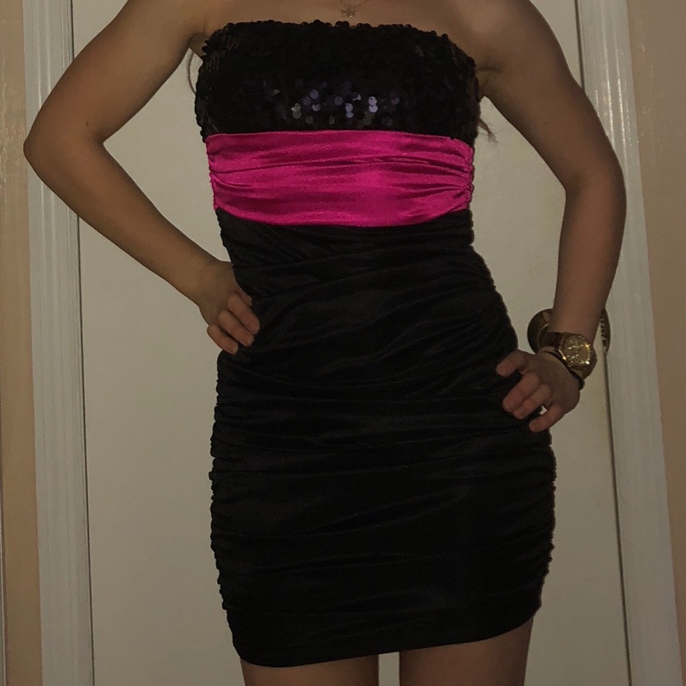 Silky black sequin-topped dress with pink accent